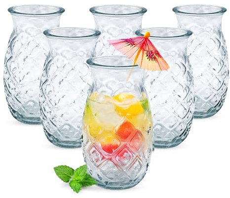 Lot de 6 verres à cocktail au design ananas - 400 ml - Verre transparent avec relief - Verres de fête - Verres à long drink Pineapple Tiki - Gobelets à cocktail à eau, jus de fruits, boissons - Passe