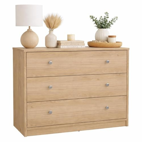 Cómoda, Cajonera para Dormitorio Ebro Oak con 3 Cajones Color Roble 73 x 31 x 69 cm