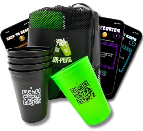QR-Pong - Beer Pong mit App und 3.000 lustigen Aufgaben - Schon 70.000 begeisterte Spieler - 22 Wiederverwendbare Hartplastikbecher Made in Germany - Das coolste Geburtstagsgeschenk - Trinkspiel