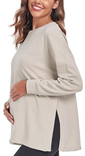 Love2Mi Women’s Maternity Tops Long Sleeve Loose Fit Maternity T-Shirt Split Side Breastfeeding Top Maternity Clothing Apricot