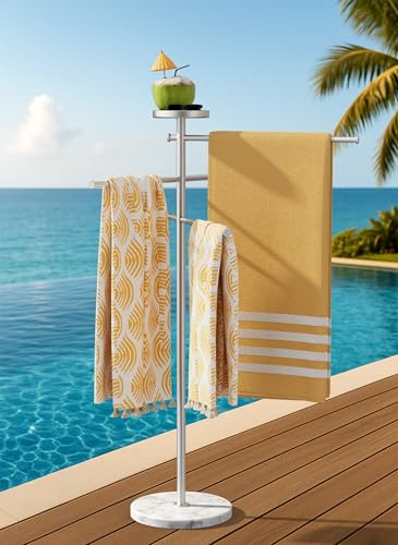 KES Natural Marble 59 Inch Pool Towel Rack Outdoor with Windproof Weighted Base, Rustproof Aluminum Alloy Outdoor Towel Rack for Hot Tub, Adjustable 3 Arms & Storage Tray, Gunmetal Grey, OTR400