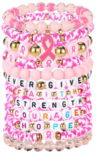 Lyreh 12stk Brust Bewusstsein Armband, 12 Stile Boho-Stil Stapelbare Pink Ribbon Armband aus Polymer-Ton für Inspirierendes Geschenk Frauen Aktivitätsgeschenk Sozialhilfe Versorgung
