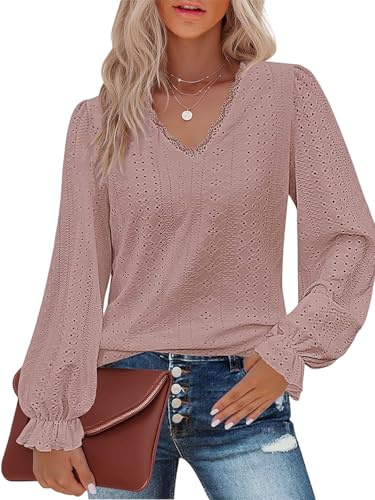 LIAMERHE Blouse Femme Chemisier Festonné Chic et Élégant Manche Longues Chemise Femme col en V en Dentelle Casual Tops Tunique Femme T-Shirt Oeillets Haut Rose Foncé L