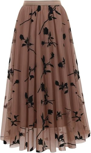 comefohome Skirts for Women UK Elasticated Waist Midi Length Pleated Tulle Skirt A Line Floral Long Summer Skirts Khaki S-M