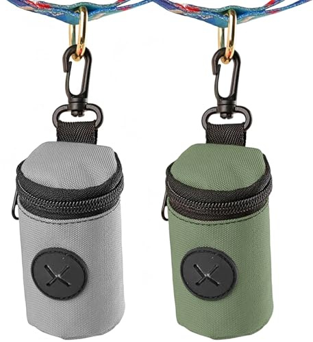 2 Piezas Dispensador de Tela Bolsas Caca Perro, Dispensadores de Bolsas Excrementos Perro con Mosquetón, Soporte Portátil para Caminar, Senderismo, Viajes, Gris y Verde
