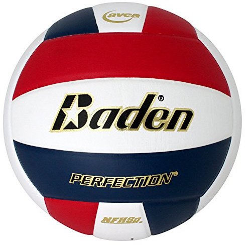 Baden Perfektion, Premium-Leder, offizielles Spiel-Volleyball für den Innenbereich, 13U bis College, offizielle Größe + Gewicht, Rot/Marineblau/Weiß, NFHS- und AVCA-geprüft