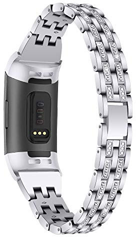 TenCloud Replacement Straps Compatible with Fitbit Charge 4/Charge 4 SE/Charge 3 Strap, Metal Bands Bling Bling Rhinestone Wristbands for Women for Charge 4/Charge 3 Fitness Tracker (Silver)