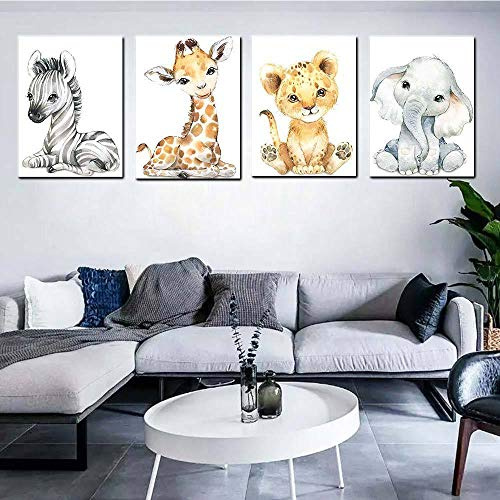 Martin Kench 4er Set Bilder Babyzimmer Deko Junge Mädchen-A4 Poster Kinderzimmer Baby Dschungel Tiere Wandbilder - Elefant Tiger Giraffe Zebra
