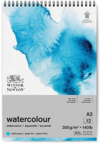 Winsor & Newton Papel de Acuarela Clásico, Grano Fino, 300gr, Mezcla de 25% Algodón y Fibras de Celulosa, Blanco Natural, Libre de Ácidos, DIN A3, Bloc en Espiral, 12 Hojas