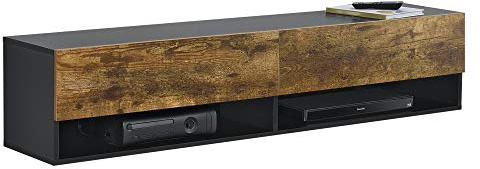 [en.casa] Mobile Porta TV da Parete con Ante a Ribalta 2 Scomparti Chiusi Aperti Mobile Contenitore Sospeso Stand Multimediale Soggiorno 140x31x30 cm - Nero/Effetto Rovere Scuro