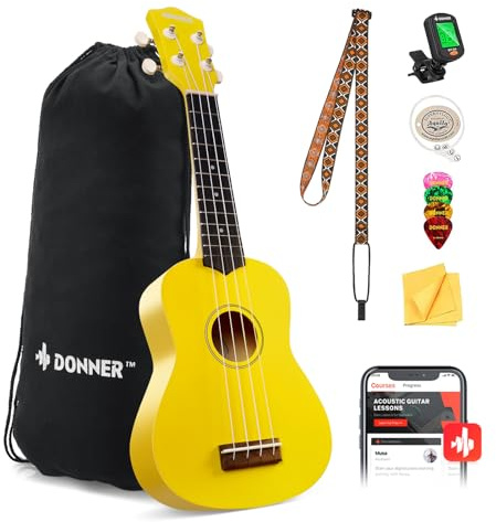 Ukelele soprano Donner 21 pulgadas para principiantes con acabado mate, kit con funda, correa, afinador, cuerdas, púas y paño de limpieza, incluye clases online gratuitas, color Amarillo