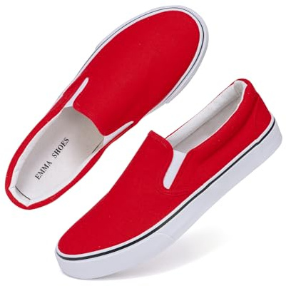 Emma Shoes Low-Top Slip Ons Women's Fashion Sneakers Casual Canvas Sneakers for Women Comfortable Flats Breathable Padded Insole Slip on Sneakers Women Low Slip on Shoes, Red, 8