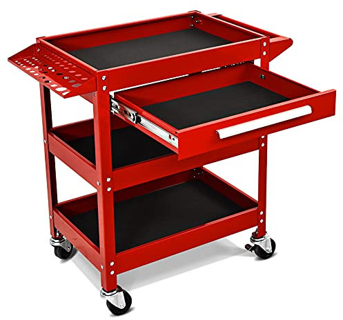 TANGZON 3-Tier Rolling Tool Cart, Utility Service Cart with Towel Rack Handle, Lockable Casters, Draw & Holes, Heavy-duty Steel Mobile Storage Trolley for Garage Warehouse Office (Red)