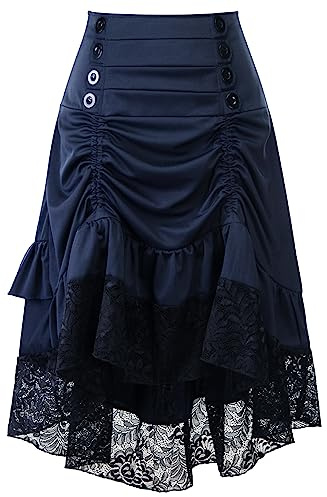 SEAUR Dam viktoriansk kjol renässans medeltida maxikjol med volanger hög midja A-linje lång kjol steampunk vintage karneval festlig cosplay kostym, A# Blå, S
