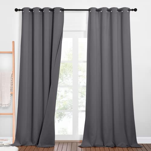 PONY DANCE Dreilagige 100% Verdunklungsvorhänge Ösen Schallschutz Vorhang 2er Set H 260 x B 132 cm Thermovorhang gegen Hitze Schlafzimmer Gardinen und Vorhänge Grau Blickdicht