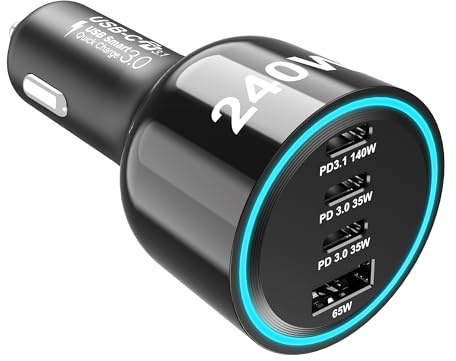 URVNS 240W USB C Car Charger, Super Fast Charging 4-Ports PD3.1 140W/PD3.0 100W PPS 45W QC65W Type-C Car Adapter for MacBook Pro Laptop iPhone 16 15 Max iPad Samsung Galaxy S24/23 Pixel etc