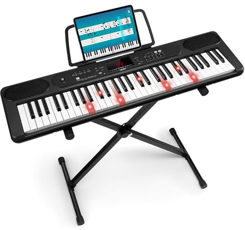 LEKATO Keyboard Piano 61 Tasten mit Ständer, Digital Piano mit Halterung, Elektronisches Keyboard für Einsteiger, Beleuchtete Tasten, LED-Anzeige, Lernmodi, Notenständer, Schwarz