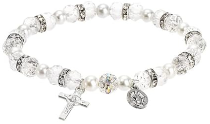 Hanaoops Bracelet Femme Croix de Baptême Bracelet avec Perles de Cristal Classique Chrétien Cadeaux de Première Communion Bracelet Sacré Bijoux Bracelet Cadeau pour Mamie Maman Sœur Amie