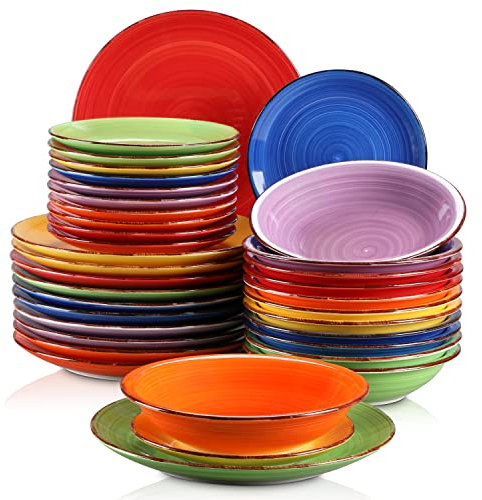 vancasso Bonita Multicolour Dinner Set- 36 Pieces Stoneware Dinnerware Set for 12, Handpainted Spirals Pattern Ceramic Combination Set with 10.5in Dinner Plate, 7.5in Dessert Plate and 800ml Soup Bowl