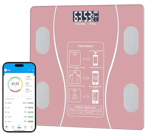 Intelligent Body Fat Scale, a Simple and Practical Digital Scale That can be Connected to a Mobile Digital Bathroom Scale to Display BMI, Body Fat, Muscle Mass, and Durable Weight Scale (Pink)