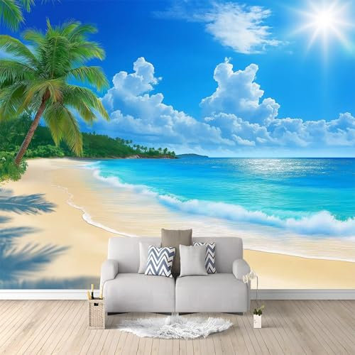 Papel pintado fotográfico impreso Playa tropical con palmeras Papel pintado fotográfico de tejido no tejido 250 x 175 cm arte fotográfico pared de Azul y Blanco pintado de pared imagen de pare