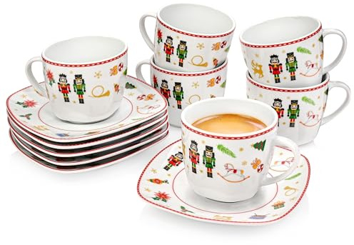 SÄNGER |Tassen Set mit Untertasse Bilgola Nussknacker Design 12 tlg, Kaffeetassen 6 Personen, Porzellan Kaffeeservice Kaffeetasse mit Untertasse, mit Weihnachtsmotiven 175 ml PREMIUM COLLECTION