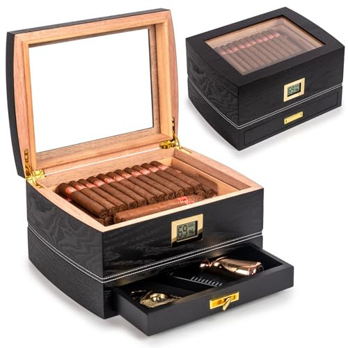 Marvero Sigari Humidor, Humidor per Sigari in Cedro, con umidificatore e cassetti per accessori, scatola per umidificatore per sigari che può contenere 75 sigari,Nero