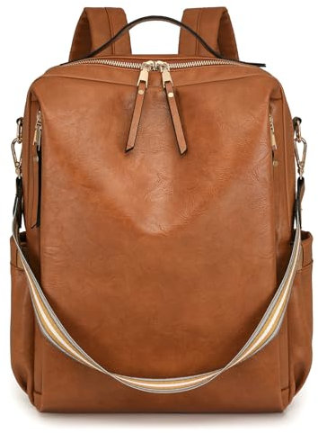 Fashion Laptop Backpack Bag for Women, PU Leather Back Pack Multi-pocket Rucksack Bag Anti-theft Travel Shoulder Handbag for Work & Travel (Brown)