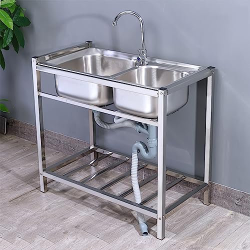 Lavandino da cucina Lavandino doppio serbatoio con supporto in acciaio inossidabile ispessito, lavandino portatile con rubinetto caldo freddo per la cucina dell'hotel (Silver)