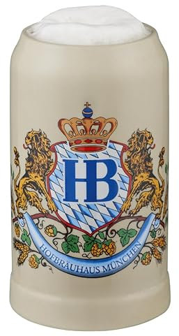 Hofbräuhaus München Boccale da birra in pietra, decorazione a leone, senza coperchio in stagno, 1 l, con logo HB, idea regalo per uomo e donna (senza coperchio in stagno, 1 litro (1 pezzo)