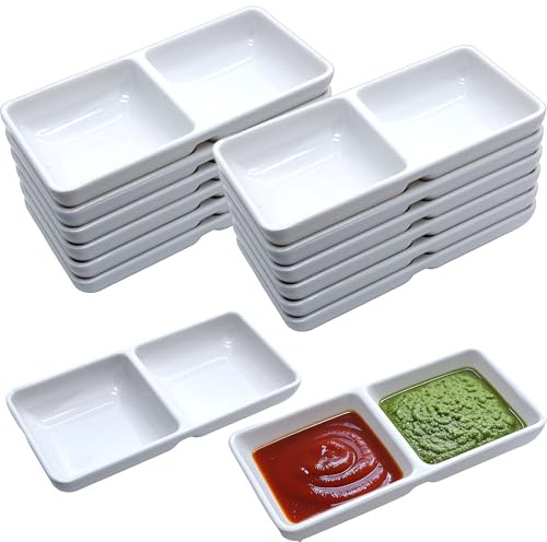 12 ciotole per salse a doppia immersione, vassoi in plastica melamina a 2 scomparti, piatti divisi per salse per ketchup, salsa di soia, wasabi, barbecue, antipasti, perfetti per feste, ristoranti