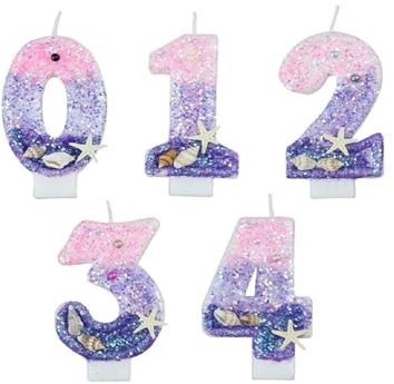 1 candela viola e blu glitterata a forma di sirena per feste, 0-9, decorazione per torte nuziali, feste di compleanno (numero 1)
