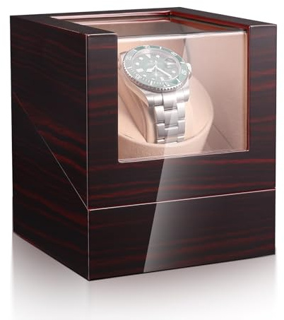 Lian Single Automatic Watch Winder Ebony Piano Lacquer Watch Box With Quiet Mabuchi Motor Acrylic Glass Anti-Scuff Battery Powered or AC Adapter (Black Sandalwood)