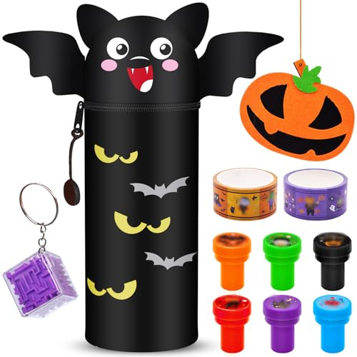 2 in 1 Silicone Pencil Case - Halloween Kawaii Bat Pencil Case + 6 Stamps + Maze Toy + Pumpkin Pendant + 2 Adhesive Tapes - Table Pen Holder, Zip, Cute School Supplies