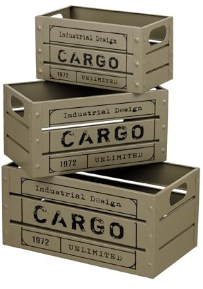 Baroni Home Set 3 Cassette Vintage Frutta e Verdura, Casse in Metallo Stile Industriale, Contenitori Multiuso Impilabili, Ceste Portaoggetti Rettangolari Tortora 37x21x18 cm