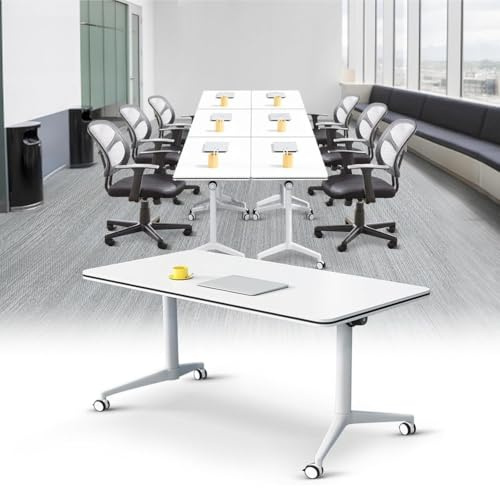 Portable Folding Conference Table, with Lockable Wheels, Modern Rectangular Desk with Wheels Mobile Training Table, for Office Classroom & Meeting Room, Easy to install,White,1Pack
