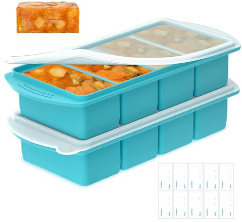 2 Pack Silicone Soup Freezer Containers - Food Grade Silicone Food Freezer Trays with Lid for Soup Storage & Batch Cooking, Reusable Freezer Ice Cubes for Meal Prep, Label Tag Include(4 Grids, Blue)