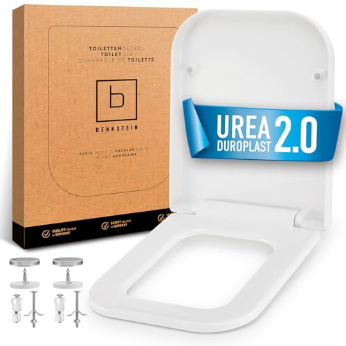 BENKSTEIN WC-Sitz Toilettendeckel E-Form | Toilettensitz mit Softclose Absenkautomatik | WC Deckel eckig mit Quick Release | Universal Klodeckel aus Duroplast | Klobrille weiß - antibakteriell