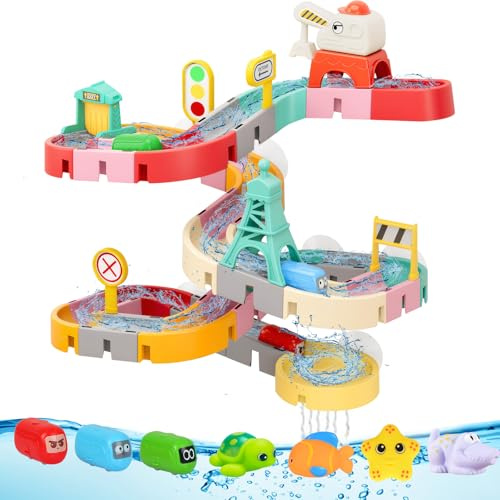 CHMMY Giocattoli da Bagno per Bambini, 52 Pezzi Giochi da Bagno con Pista, Giocattoli Animali e Borsa, Giocattolo a Acqua Regalo Divertente per il Bagno Ragazza Ragazzo