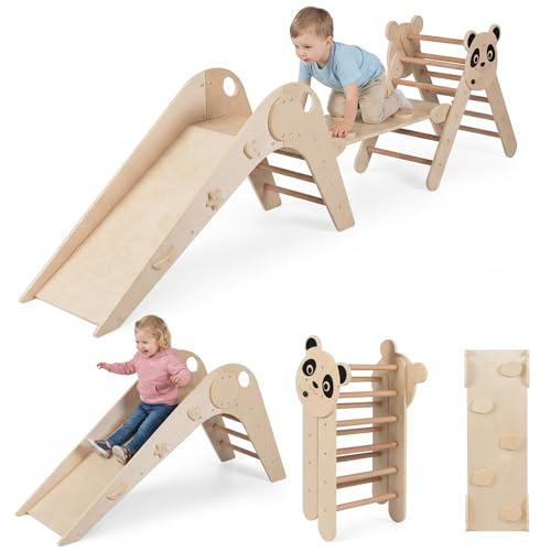 COSTWAY Triángulo de Escalada Interior, Estructura de Escalada Montessori de Madera con Tema de Panda,Gimnasio en Interiores con Tobogán, Rampa, Escalera y Bloques de Dibujos Animados (Natural)