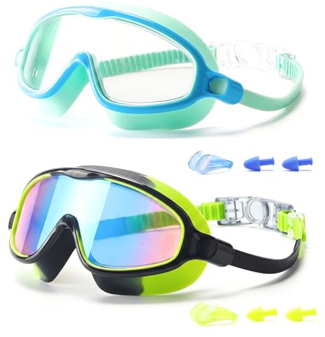 Rimotedeso Gafas de Buceo para Niños 8-12 Años, 2 Piezas, Antiniebla & Vista Panorámica, 3D a Prueba de Fugas, con Pinza Nasal & Tapones para Oídos, Silicona Suave, Banda Ajustable, Piscina