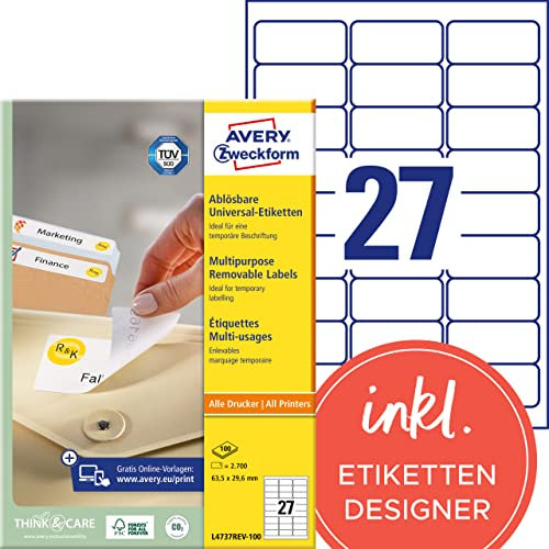 AVERY Zweckform L4737REV-100 Universal Etiketten (2.700 Klebeetiketten, 63,5x29,6mm auf A4, wieder rückstandsfrei ablösbar/abziehbar, individuell bedruckbare, selbstklebende Aufkleber) 100 Blatt, weiß