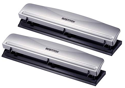 Bostitch Office Premium 3 Hole Punch, 12 Sheet Capacity, Metal, Rubber Base, Easy-Clean Tray, Silver, 2-Pack