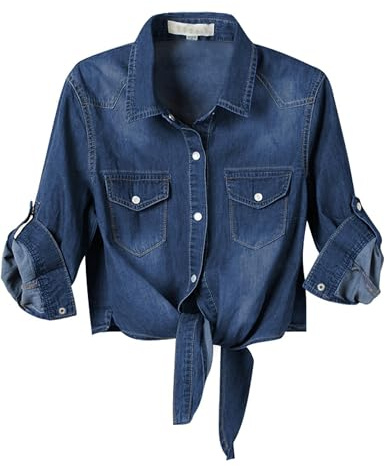 Omoone Women's 3/4 Sleeve Modern Denim Crop Top Tie Knot Shirt Cardigan (Dark Blue, XL)