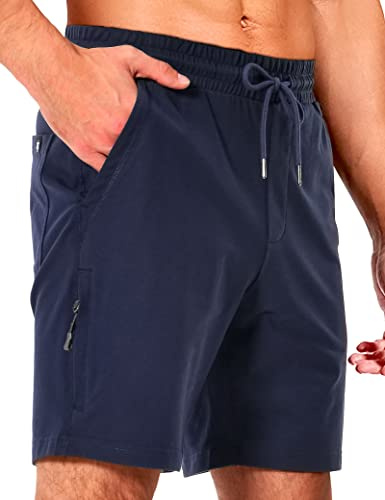 Pioneer Camp Pantalones cortos deportivos de algodón para hombre, con bolsillos con cremallera, cintura elástica de 7 pulgadas, pantalones cortos casuales, azul marino, L