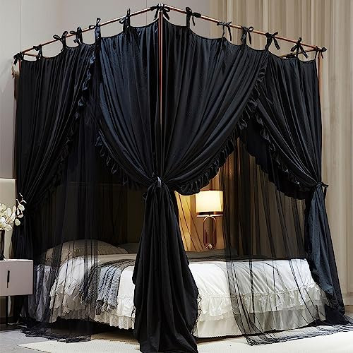 AIOOO 4 Corners Post Princess Curtain Bed Canopy Double Layer Cozy Mosquito Net Mesh and Cloth for Girls Adults Bedroom Decoration (Double-Black/Black, 53 W*78 L*82*H/(Full))