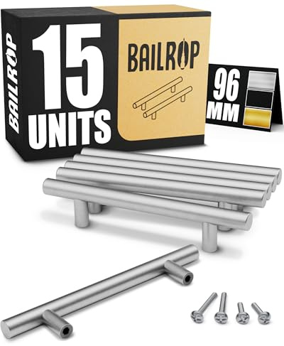 BAILROP Poignée de Meuble Cuisine Argenté 96MM - Poignée Argenté Meuble en Acier Inox - Poignet de Porte Cuisine et Armoire 15 UNITÉS