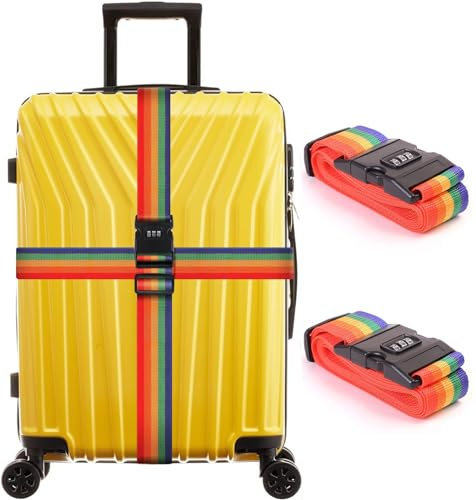 XOPOZON 2 Stück Koffergurt Kofferband Gurt, Koffergurt mit Zahlenschloss, Einstellbare Koffer Gurtband, koffergurte mit Schloss Kofferband Gurt Auffällig Kofferbänder Inkl. 2 Namensschildern - Bunt