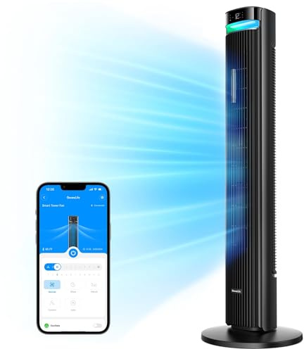 GoveeLife 42'' Tower Fan for Bedroom, Smart Floor Fans with 150° Adjustable Oscillating, APP & Voice Control, 5 Modes 12 Speeds up to 26ft/s, 24H Timer, 27dB Quiet Fan for Cooling Home Office Black