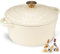 Overmont Bräter emaille Gusseisen Topf - Schmortopf 28cm backofengeeignet - mit Deckel und Kochbuch - für Küche Backen Schmoren Braten Weiß